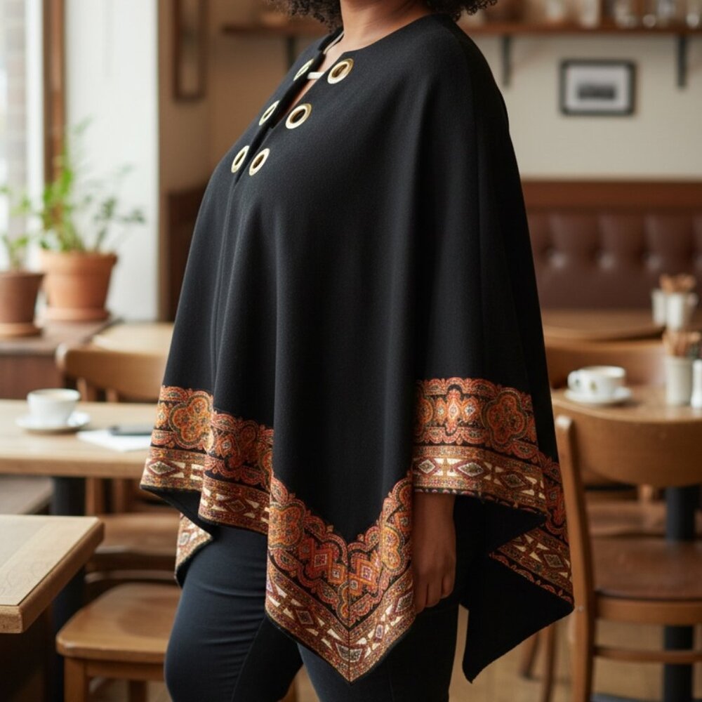 70's Vintage Double Lined Black Wool Cape Paisely Detail Trim Gold Tone Grommets